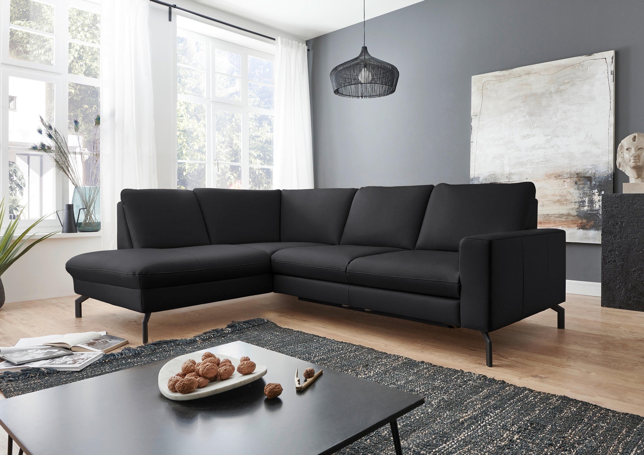 ECKSOFA in Echtleder Anthrazit  - Anthrazit/Schwarz, Design, Leder/Metall (194/250cm) - Beldomo Premium