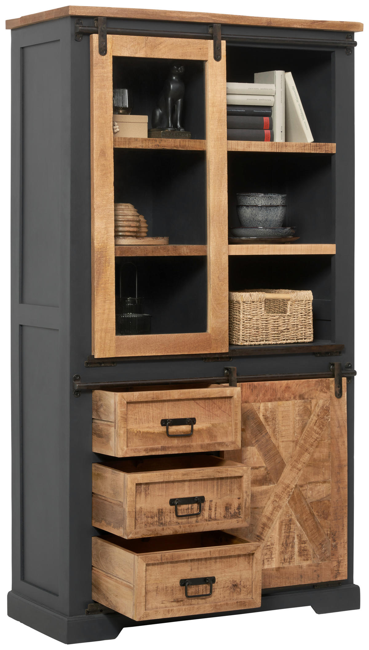 VITRINE  in massiv Mangoholz Schwarz, Grau, Naturfarben - Schwarz/Naturfarben, LIFESTYLE, Holz/Holzwerkstoff (100/180/45cm) - MID.YOU