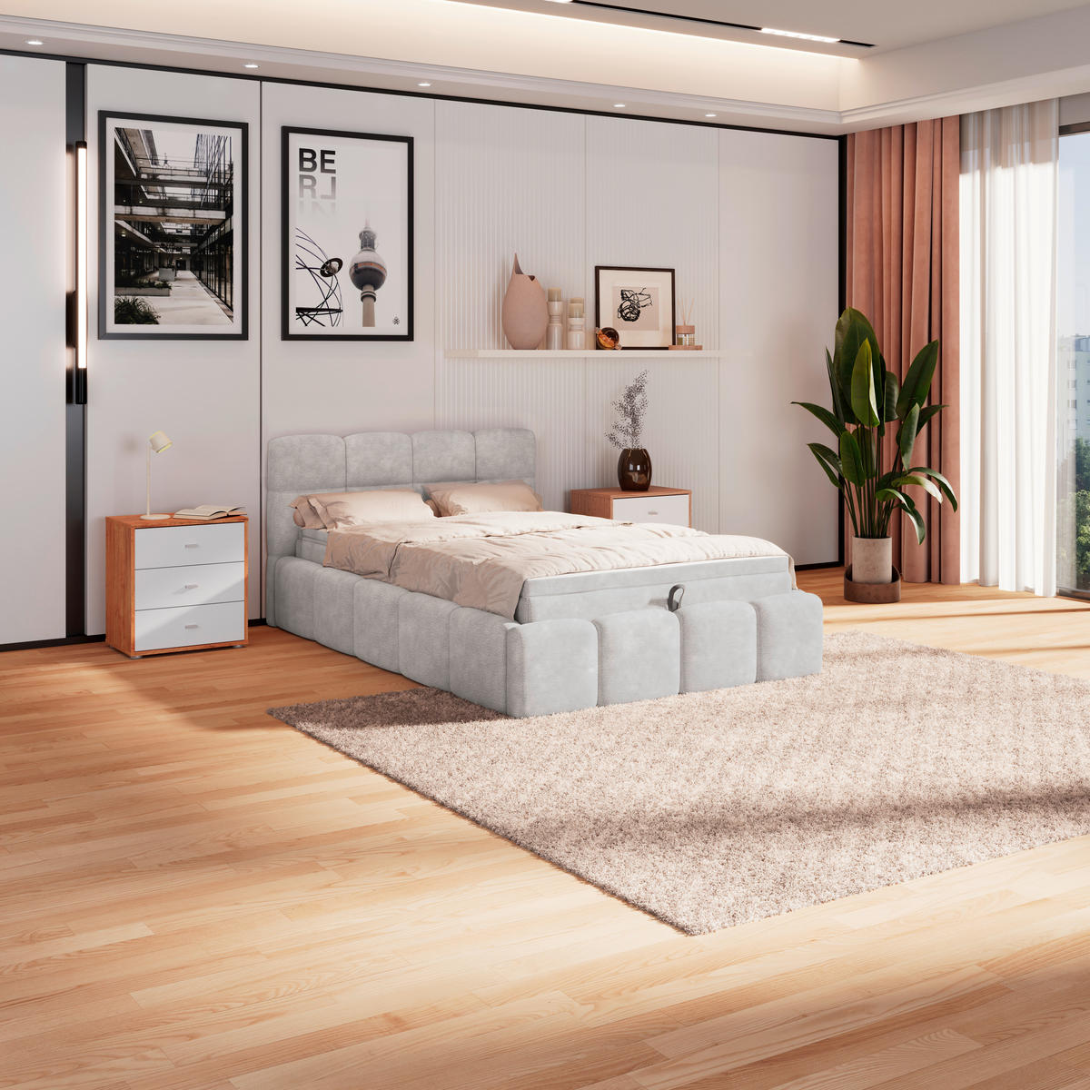 POLSTERBETT 140/200 cm,  in Hellgrau, Matratze, Bettkasten, H3 = fest  - Hellgrau/Schwarz, Trend, Kunststoff/Textil (140/200cm)