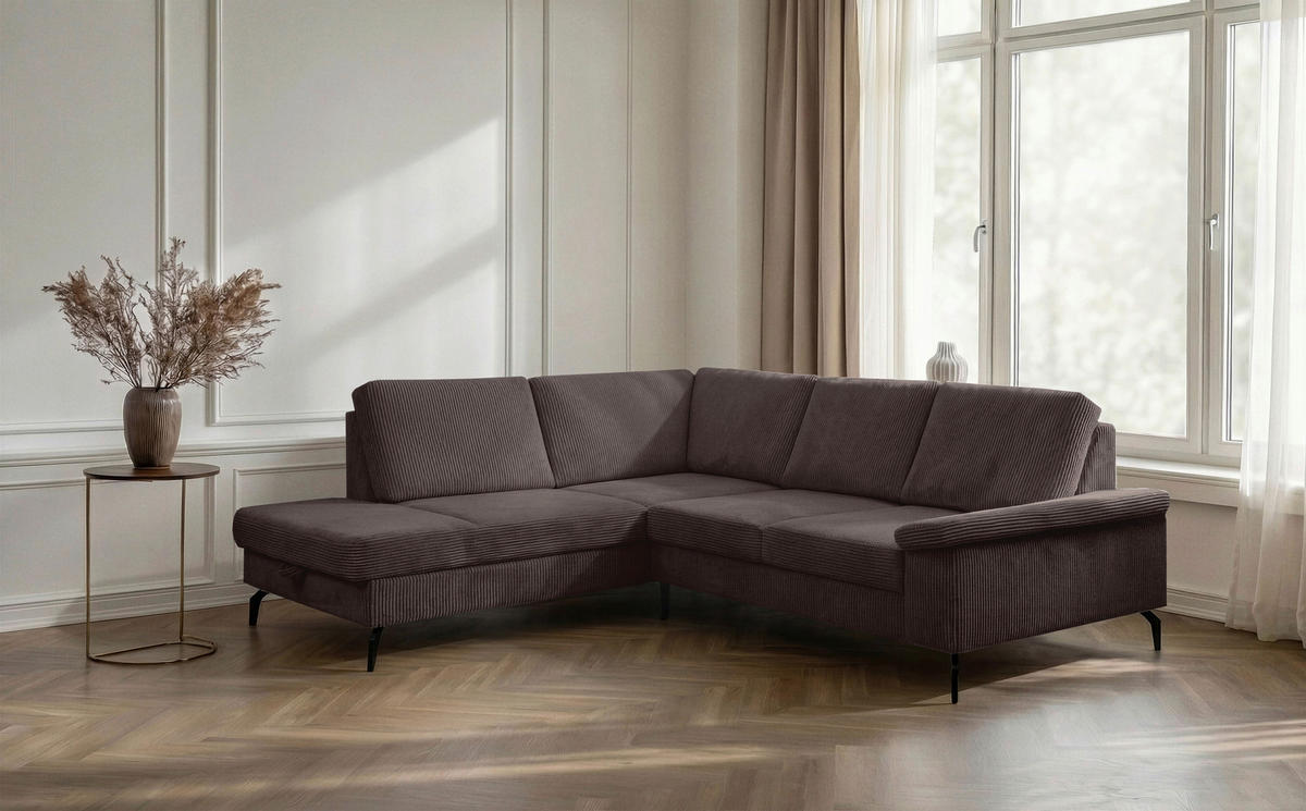 ECKSOFA Dunkelbraun Velours Bettkasten, Sitzvorzug  - Dunkelbraun/Schwarz, KONVENTIONELL, Textil/Metall (206/253cm) - Venda