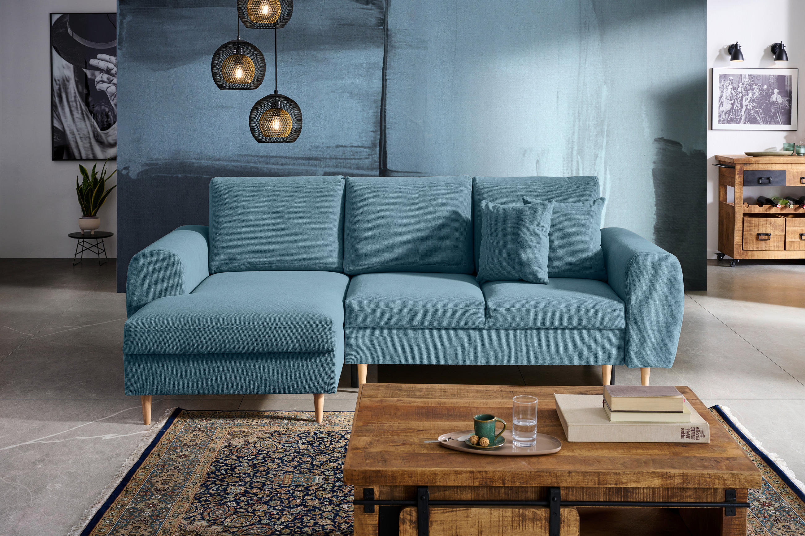 ECKSOFA in Webstoff Blau  - Blau/Naturfarben, Konventionell, Holz/Textil (145/250cm) - MID.YOU