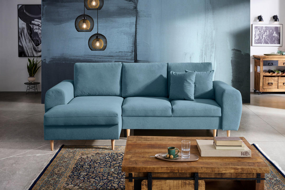 ECKSOFA in Webstoff Blau  - Blau/Naturfarben, Konventionell, Holz/Textil (145/250cm) - MID.YOU