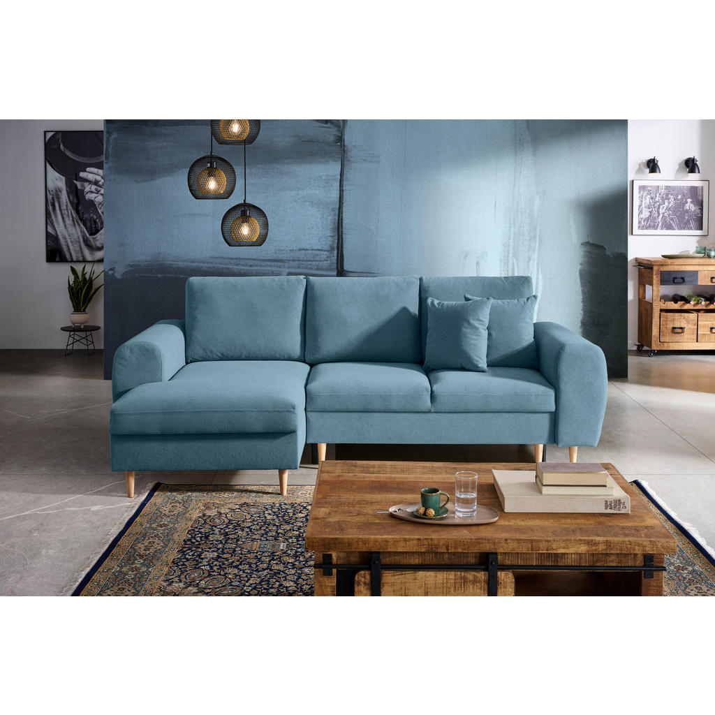 Thumbnail - Carryhome Ecksofa, Blau, Textil, Buche, vollmassiv, 3-Sitzer, Füllung: Polyurethan (PUR),Polyurethan (Pur), Ottomane lin...