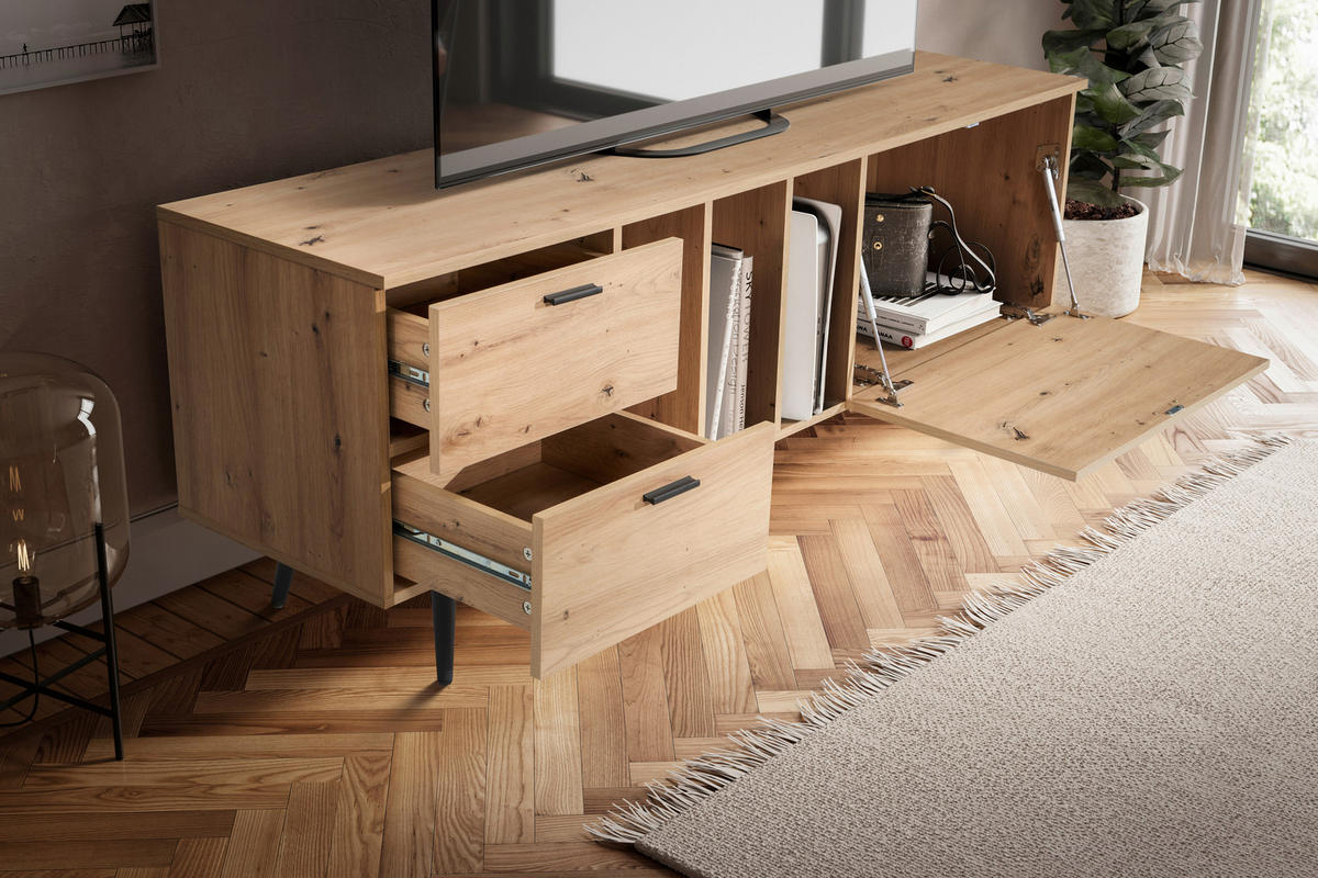 NÍZKA KOMODA, farba duba, 150/55/40 cm - čierna/farba duba, Design, kov/kompozitné drevo (150/55/40cm) - Livetastic