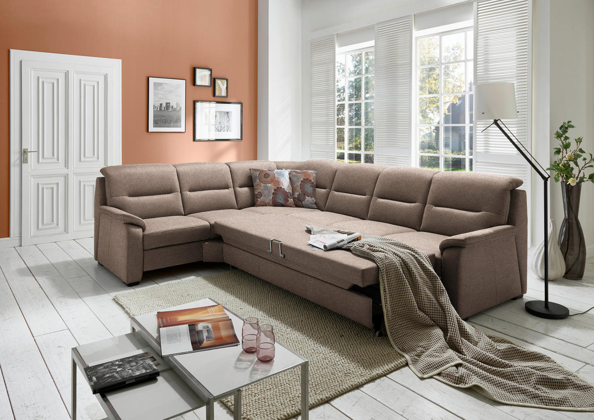 ECKSOFA in Mikrofaser Sandfarben  - Sandfarben/Schwarz, Konventionell, Holz/Textil (245/303cm) - Beldomo Comfort