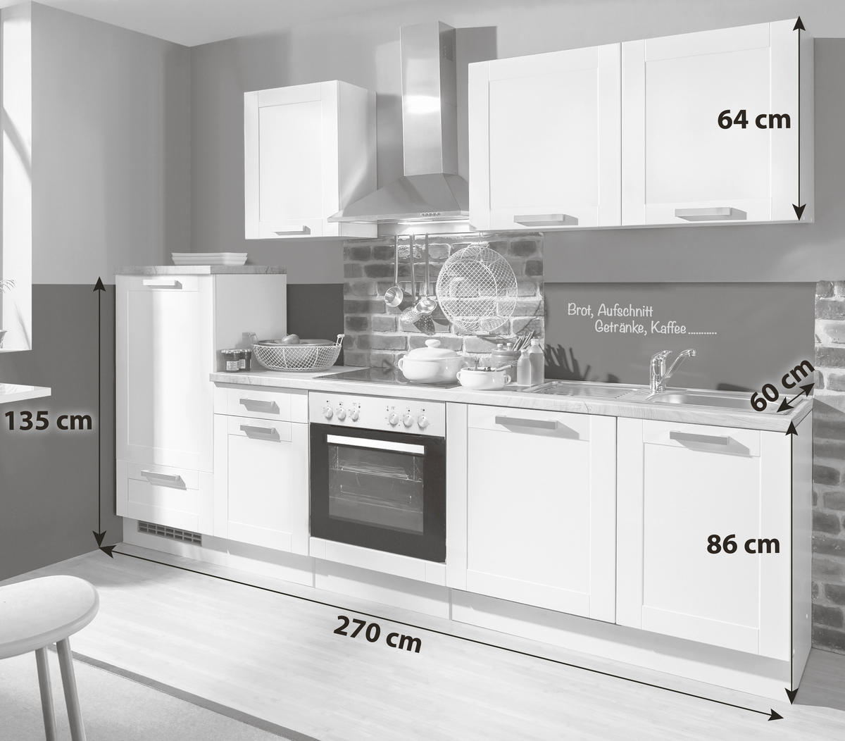 KÜCHENBLOCK 270 cm   in Weiß  - Eichefarben/Silberfarben, KONVENTIONELL, Holzwerkstoff/Kunststoff (270cm) - Menke