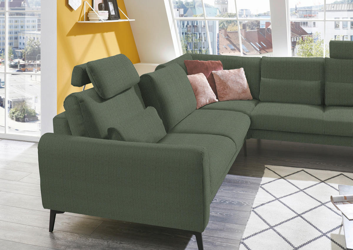 ECKSOFA in Velours, Feincord Grün  - Schwarz/Grün, Design, Textil/Metall (280/254cm) - Beldomo Style