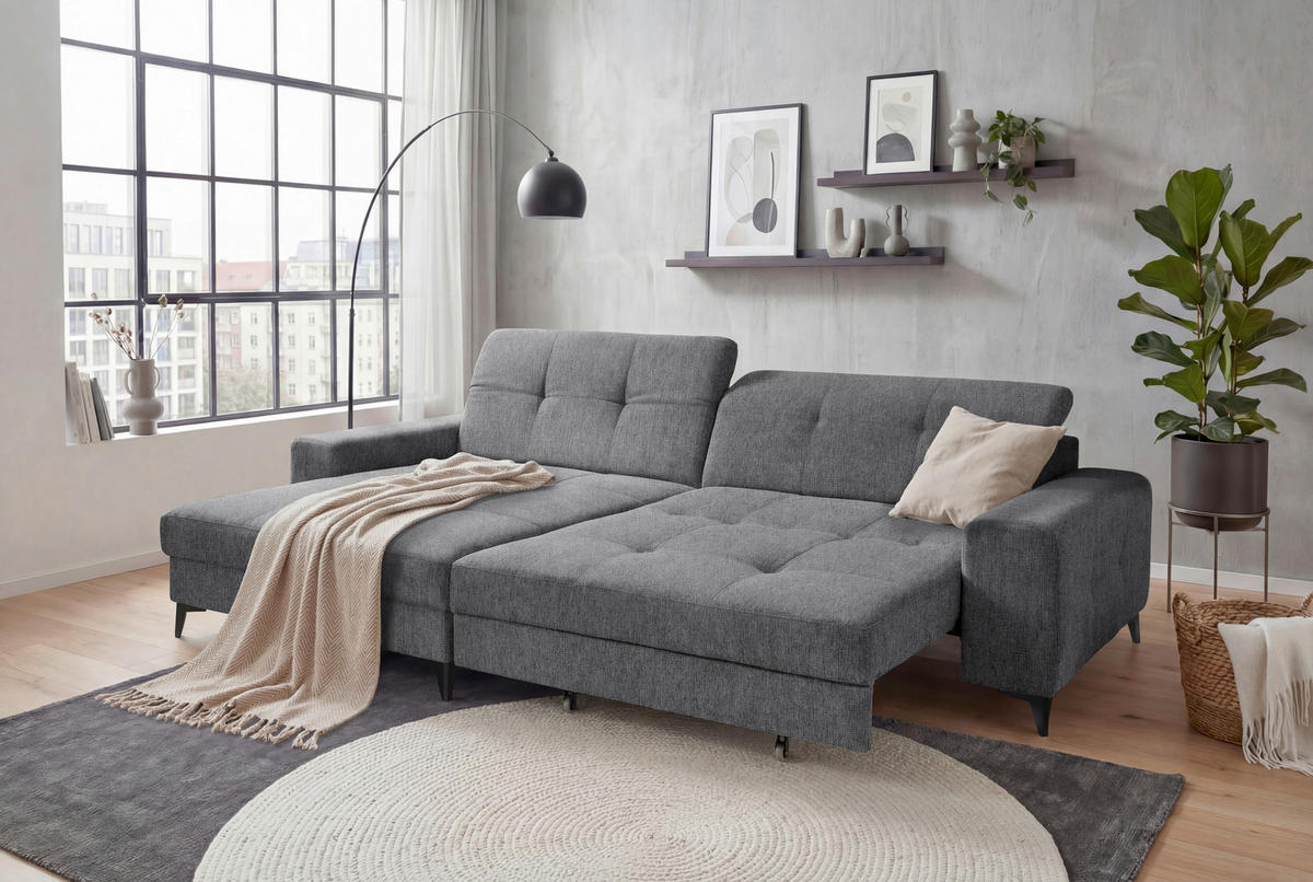 ECKSOFA SORELLA Anthrazit Mikrovelours Kopfteilverstellung, Sitztiefenverstellung  - Anthrazit/Schwarz, Design, Kunststoff/Textil (182/328cm) - MID.YOU