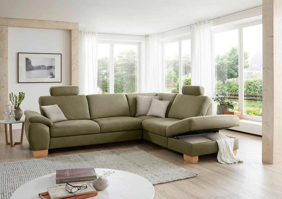 ECKSOFA in Mikrofaser Hellgrün  - Wildeiche/Beige, Natur, Holz/Textil (286/236cm) - Voleo