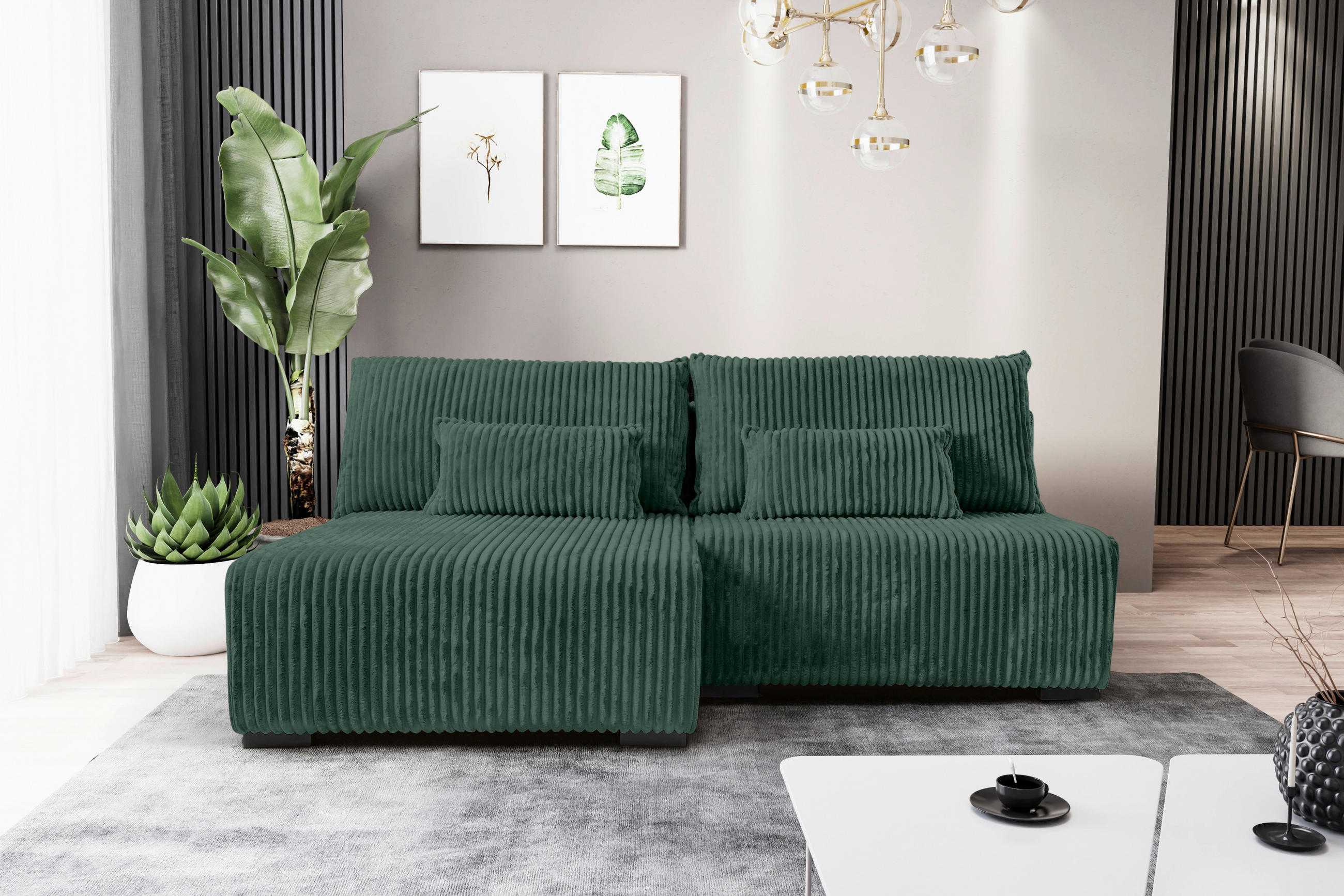 ECKSOFA in Cord Dunkelgrün  - Dunkelgrün/Schwarz, Modern, Holz/Textil (145/210cm) - MID.YOU