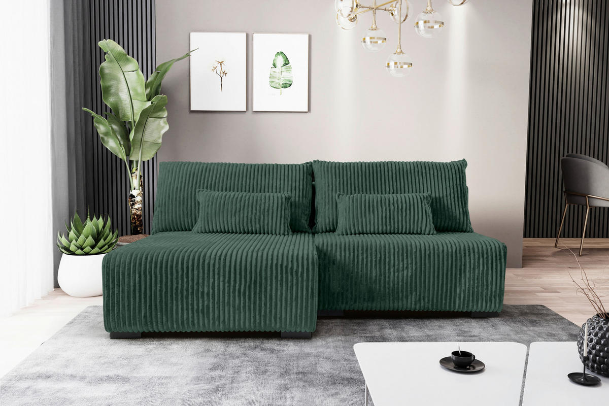 ECKSOFA in Cord Dunkelgrün  - Dunkelgrün/Schwarz, Modern, Holz/Textil (145/210cm) - MID.YOU