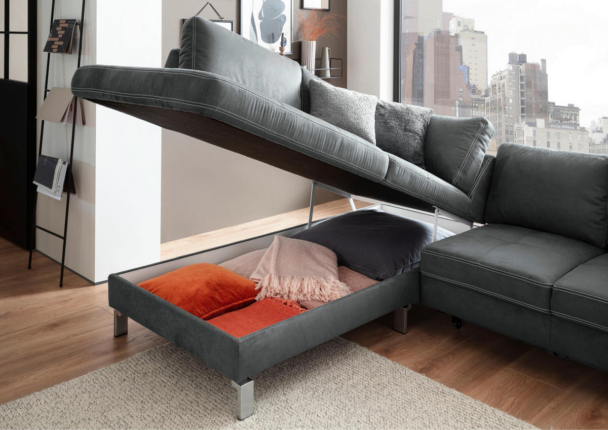 ECKSOFA in Mikrofaser Dunkelgrau  - Chromfarben/Dunkelgrau, Design, Textil/Metall (200/229cm) - Pure Home Lifestyle