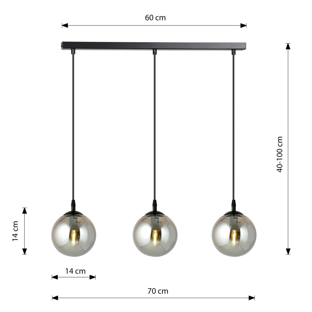 HÄNGELEUCHTE  70/14/100 cm    - Schwarz, KONVENTIONELL, Glas/Metall (70/14/100cm)
