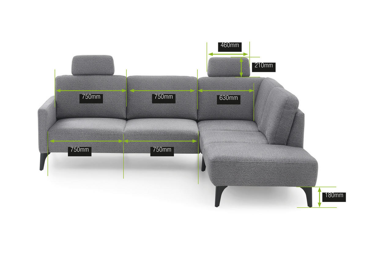 ECKSOFA Grau Flachgewebe  - Schwarz/Grau, KONVENTIONELL, Textil/Metall (255/218cm) - Elegando