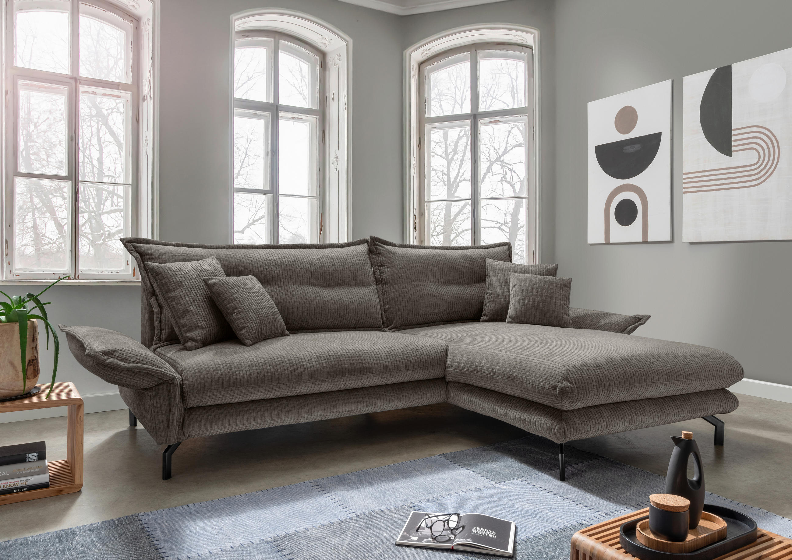 ECKSOFA in Mikrofaser Graubraun  - Graubraun/Schwarz, Design, Textil/Metall (255/180cm) - Livetastic