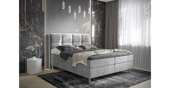 BOXBETT 140/200 cm,  in Hellgrau, gepolstertes Kopfteil, Bettkasten, Topper, H3 = fest  - Chromfarben/Hellgrau, Design, Holz/Holzwerkstoff (140/200cm) - Esposa