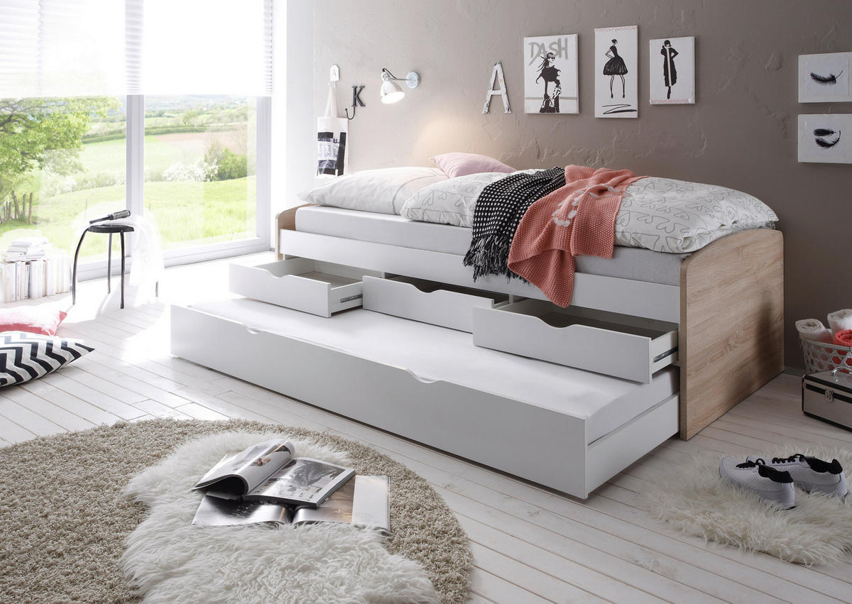 lit gigogne 90/200 cm Weiss, Sonoma Eiche  - noir/chêne sonoma, Basics, matière synthétique/métal (90/200cm) - MID.YOU