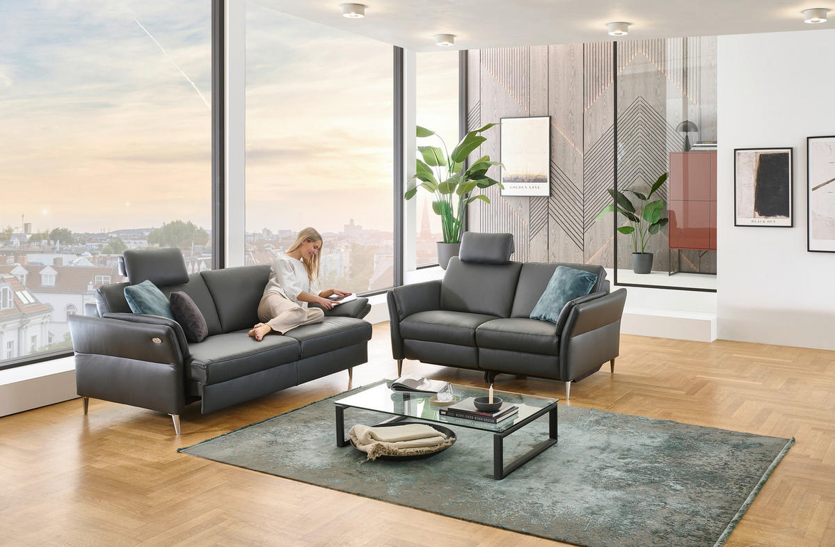 2,5-SITZER Echtleder Anthrazit  - Anthrazit/Alufarben, Konventionell, Leder/Metall (164/84/99cm) - Dieter Knoll