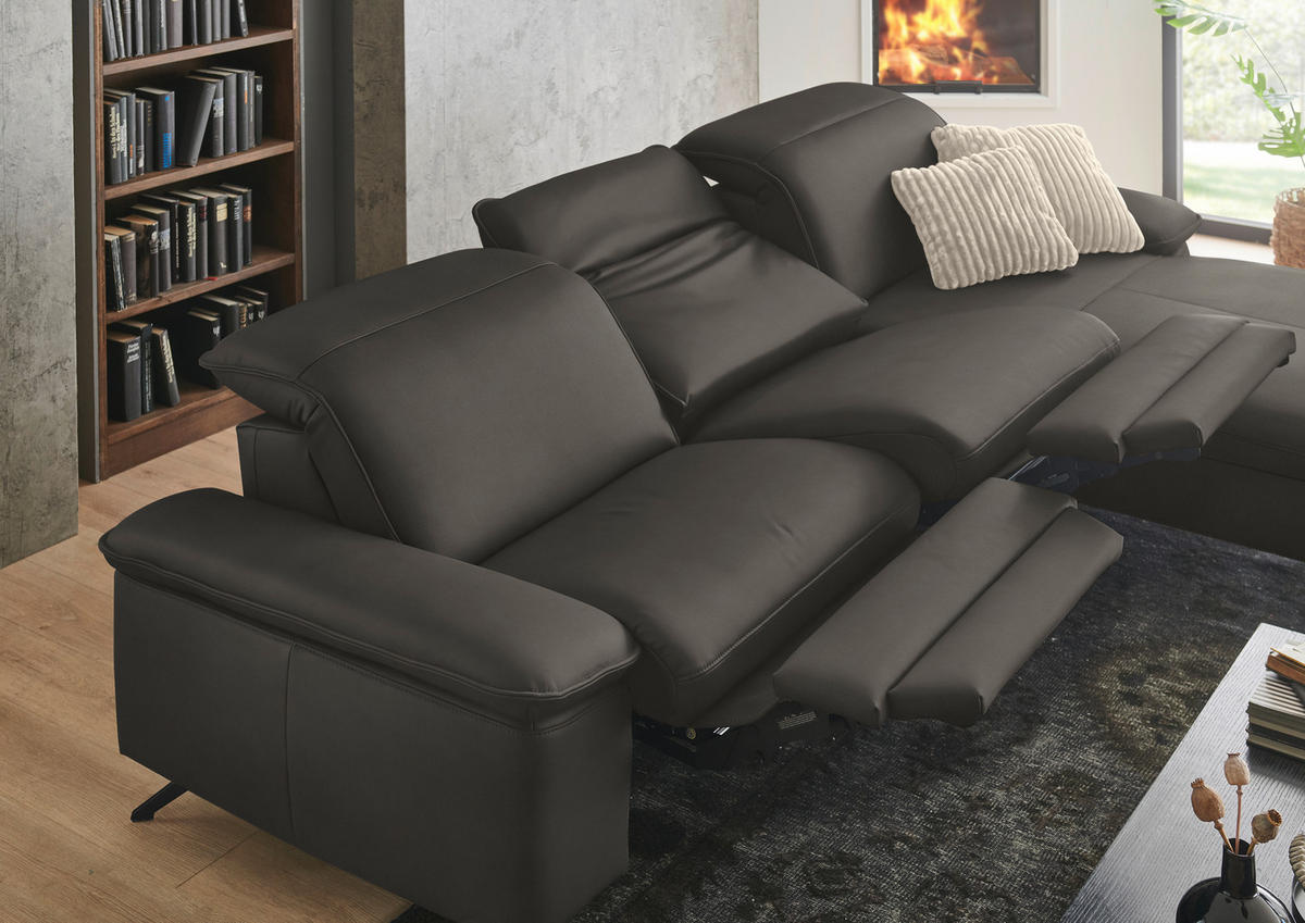 ECKSOFA  Echtleder Taupe  - Taupe/Schwarz, Design, Leder/Metall (307/169cm) - Beldomo Premium