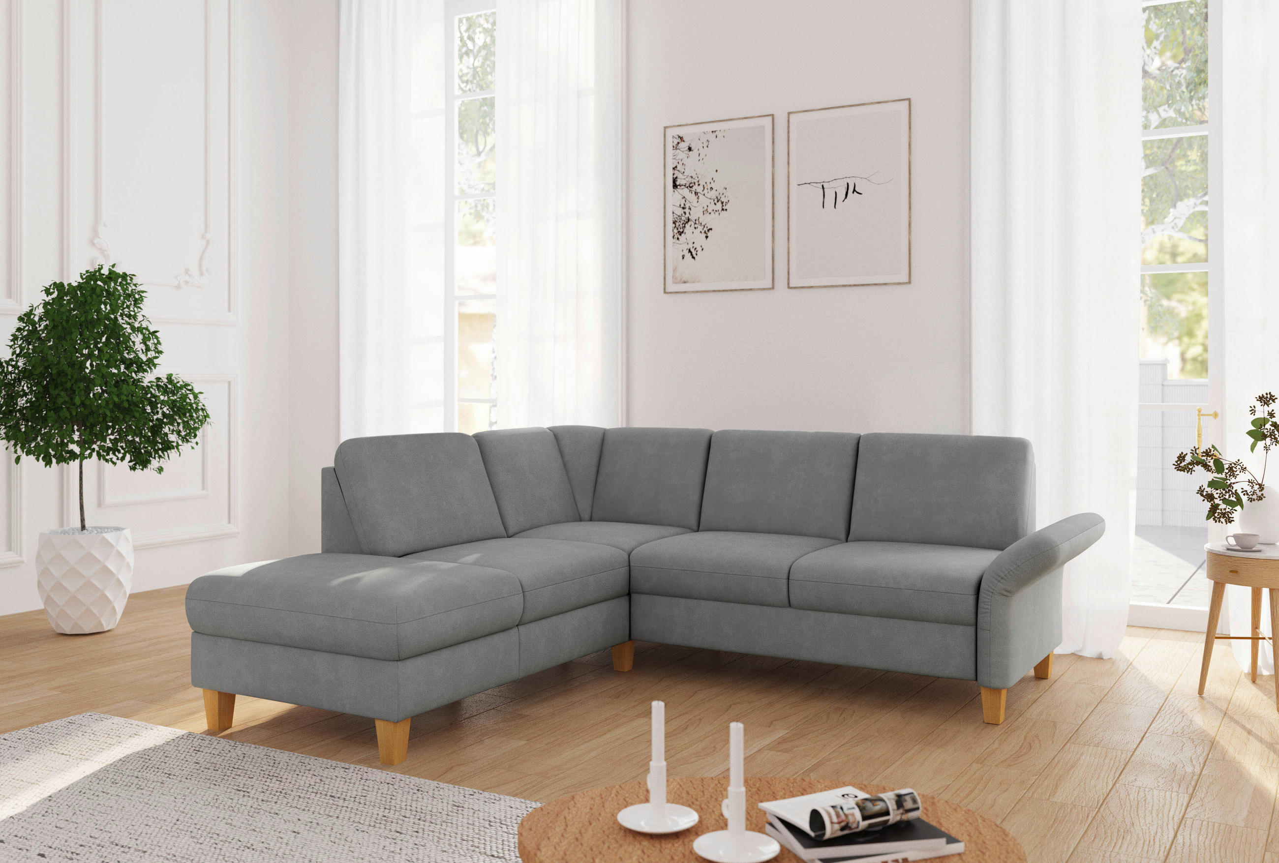 ECKSOFA Flachgewebe Grau  - Eichefarben/Grau, Konventionell, Holz/Textil (216/240cm) - Sit & More