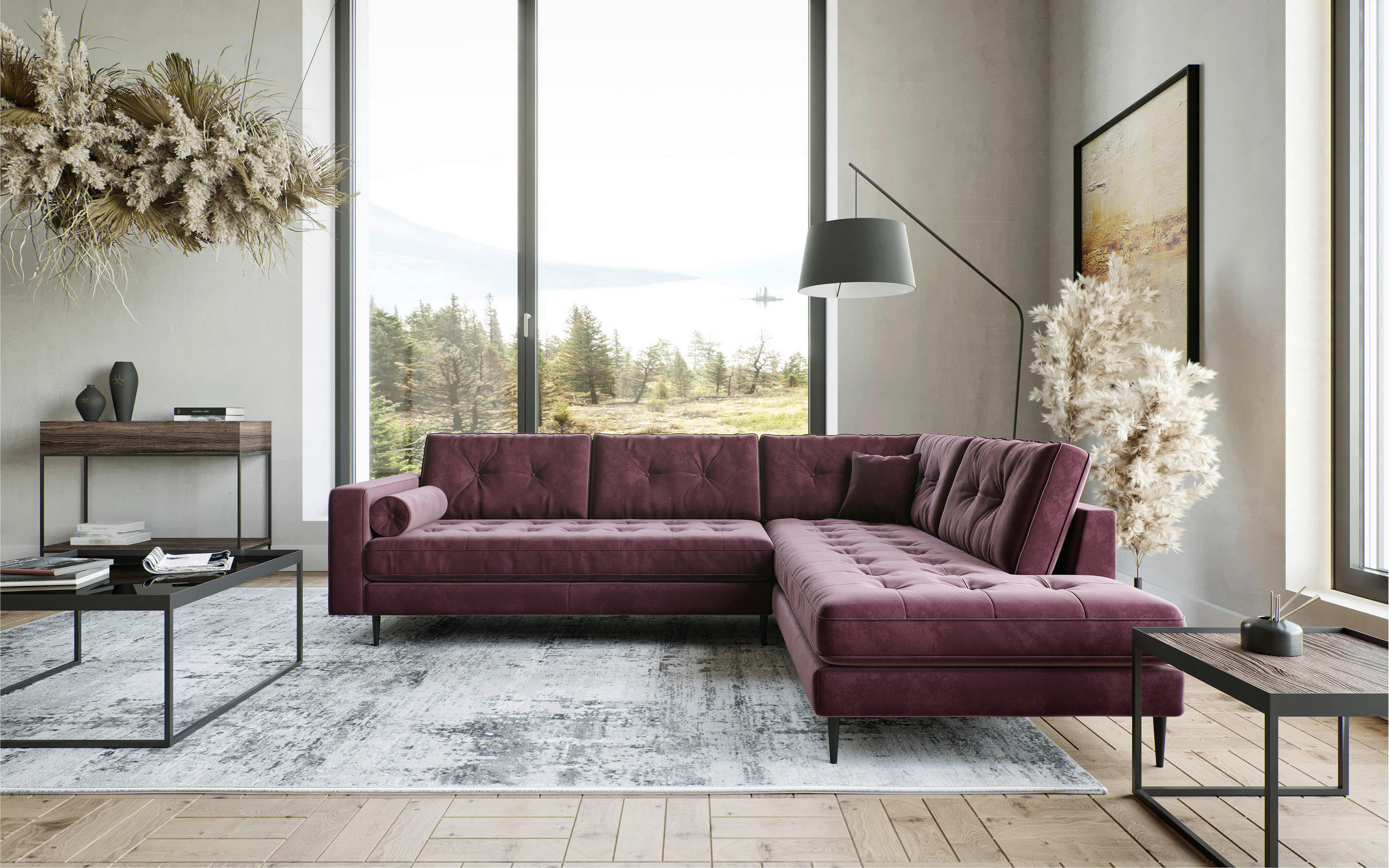 ECKSOFA Weinrot Samt  - Edelstahlfarben/Weinrot, Design, Textil/Metall (205/259cm) - Livetastic