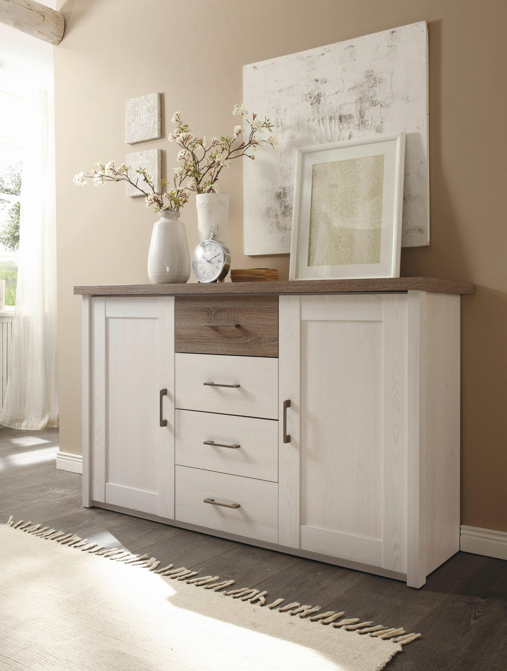 Thumbnail - Carryhome Sideboard, Weiß, Eiche, Holzwerkstoff, 2 Fächer, 4 Schubladen, 150x90x42 cm, Wohnzimmer, Kommoden & Sideboards...