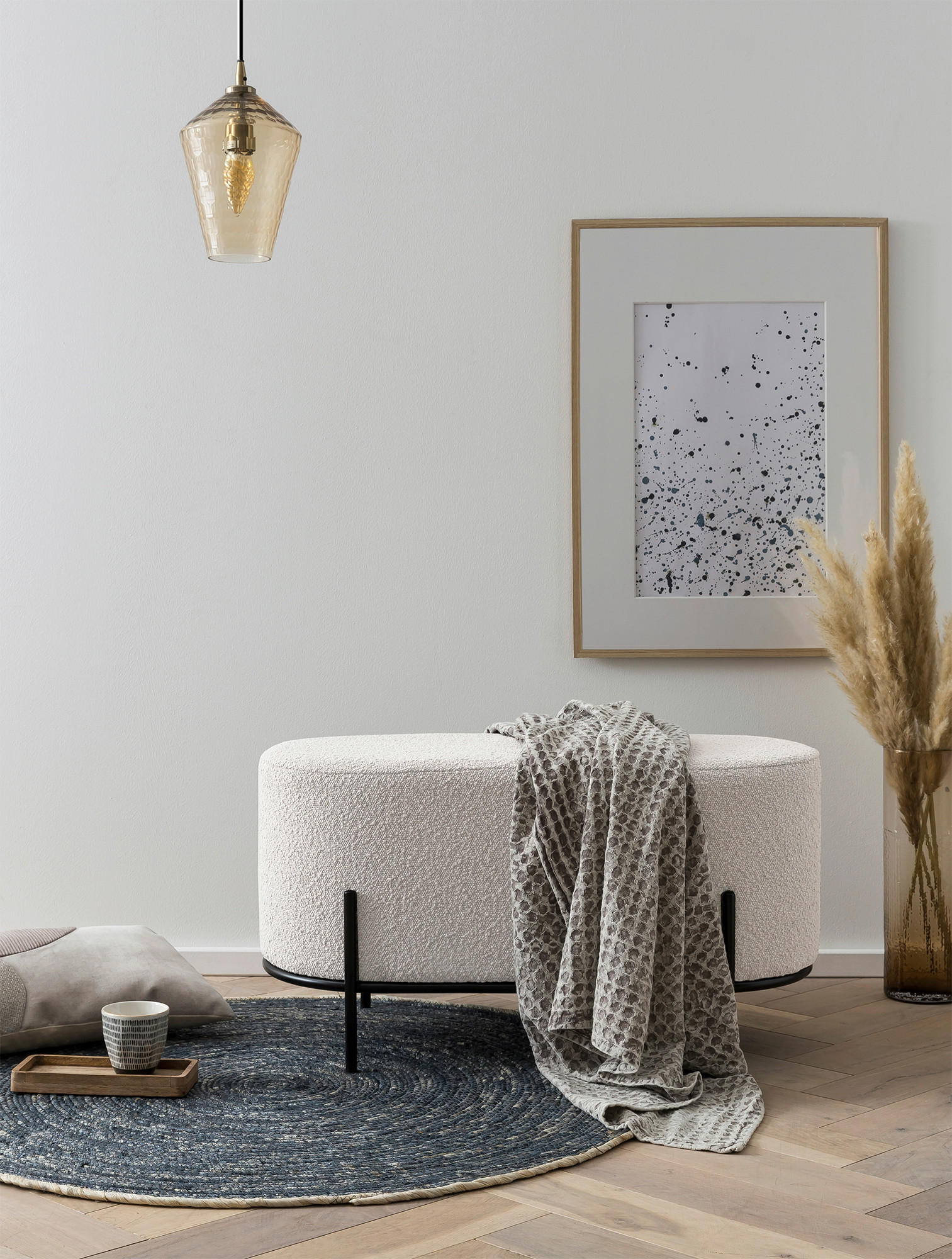 HOCKER Bouclé Weiß  - Schwarz/Weiß, MODERN, Textil/Metall (80/42/40cm) - Livetastic