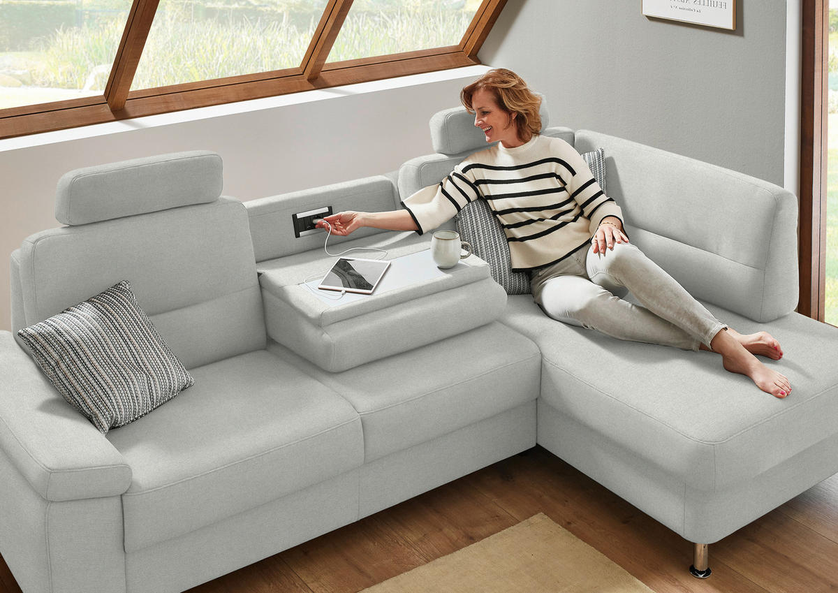 ECKSOFA  in Flachgewebe Silberfarben  244/160 cm  - Silberfarben/Alufarben, KONVENTIONELL, Textil/Metall (244/160cm) - Beldomo Comfort