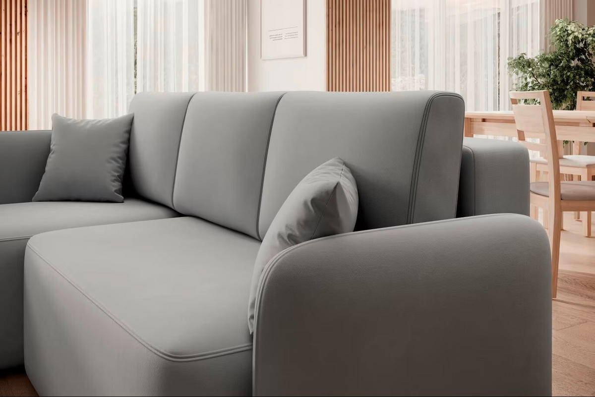 ECKSOFA Hellgrau Plüsch  - Hellgrau/Schwarz, Design, Kunststoff/Textil (150/206cm) - MID.YOU