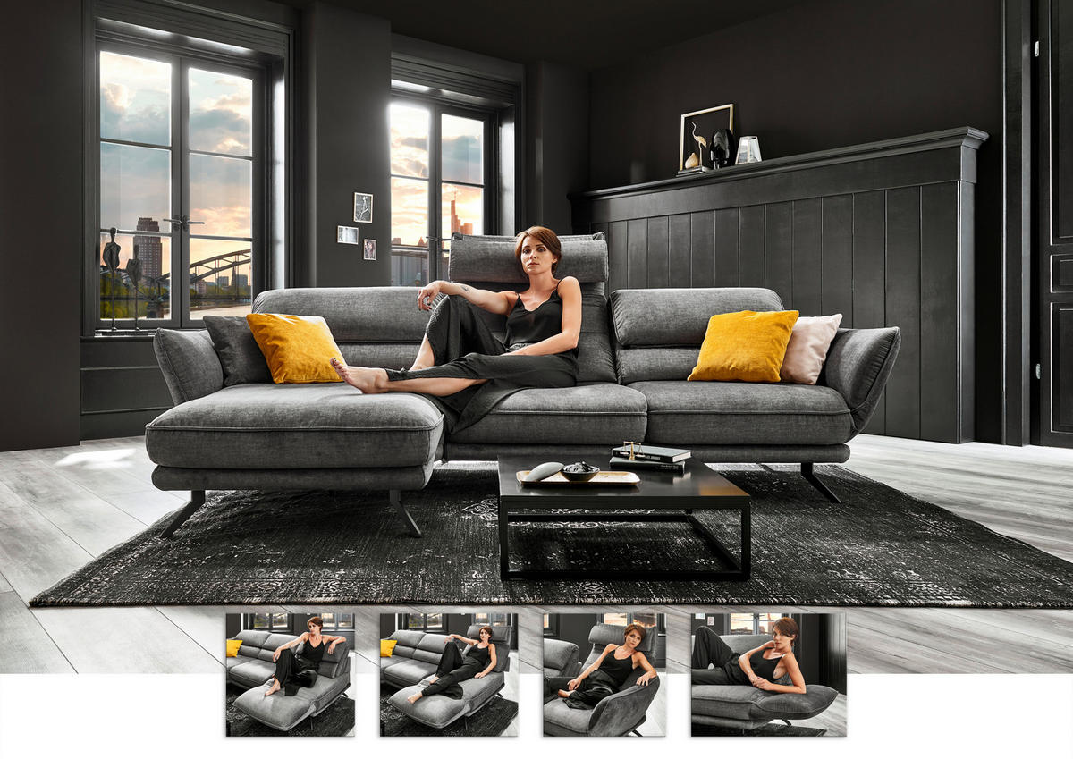 ECKSOFA in Velours Silberfarben  - Silberfarben/Schwarz, Design, Textil/Metall (153/283cm) - Valdera