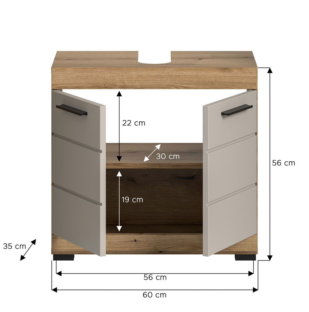 WASCHBECKENUNTERSCHRANK 60/56/34 cm  - Kaschmir/Schwarz, MODERN, Holzwerkstoff/Kunststoff (60/56/34cm) - MID.YOU