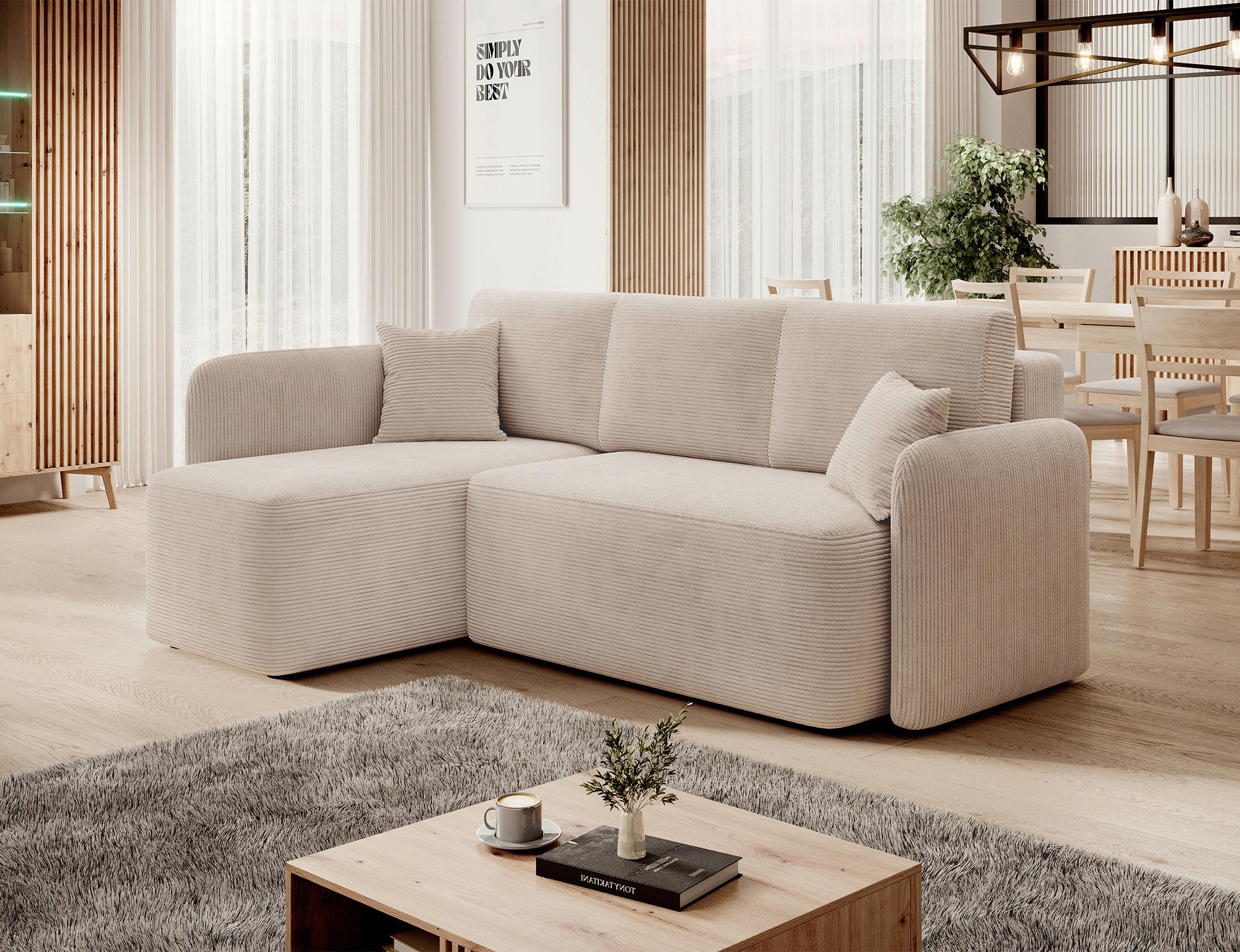 ECKSOFA HADSON in Cord Beige  150/206 cm  - Beige/Schwarz, Design, Kunststoff/Textil (150/206cm) - MID.YOU