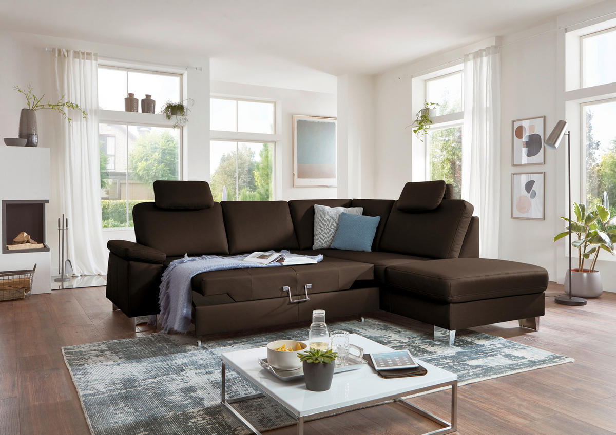 ECKSOFA  in Echtleder Dunkelbraun  248/235 cm  - Dunkelbraun/Alufarben, Design, Leder/Metall (248/235cm) - Beldomo Premium