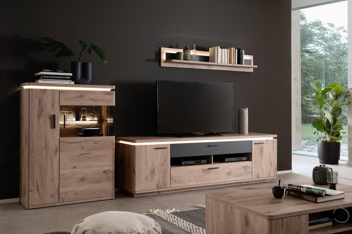 WOHNWAND 3-teilig  in Anthrazit, Eiche dunkel  310/181/50 cm  - Eiche dunkel/Anthrazit, KONVENTIONELL, Glas/Holzwerkstoff (310/181/50cm) - Cantus