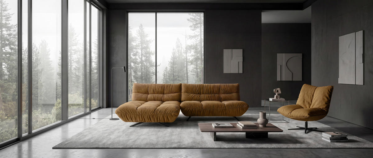 ECKSOFA Beigebraun Chenille Rücken echt, Sitztiefenverstellung  - Beigebraun/Schwarz, Design, Textil/Metall (178/295cm) - Belluti