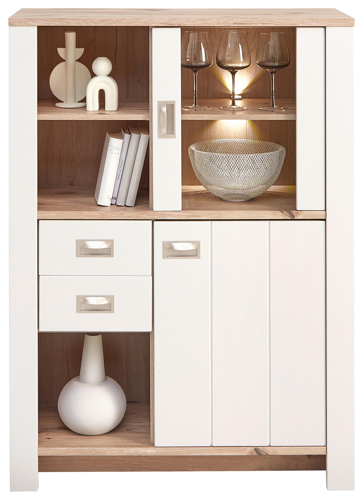 VISOKA KOMODA   97,2/133,7/38,2 cm   siva, boja hrasta  - siva/boja nikla, Konvencionalno, staklo/metal (97,2/133,7/38,2cm) - Hom`in