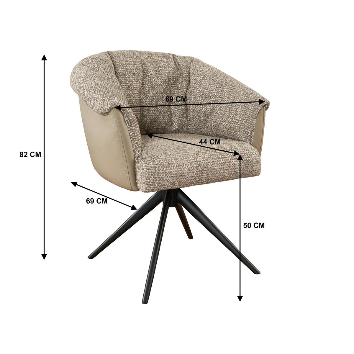 ARMLEHNSTUHL , Stoffauswahl, Sitzfläche 180° drehbar , Webstoff  - Taupe/Schwarz, Design, Textil/Metall (69/80/68cm) - Novel