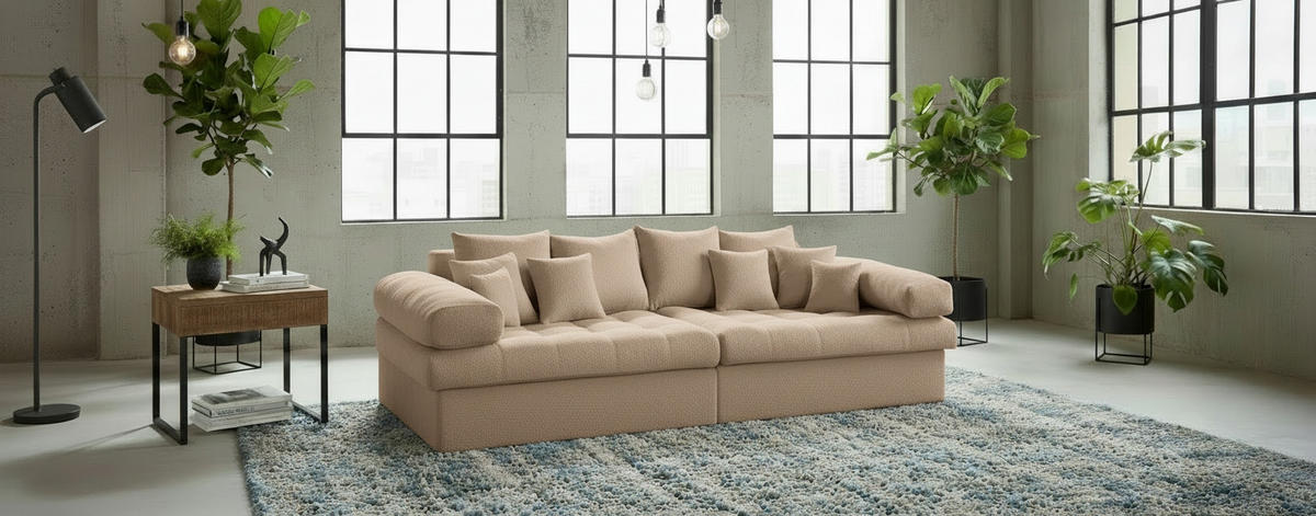 BIGSOFA Naomi Teddystoff Hellbraun  - Hellbraun/Schwarz, Design, Kunststoff/Textil (284/94/148cm) - Livetastic