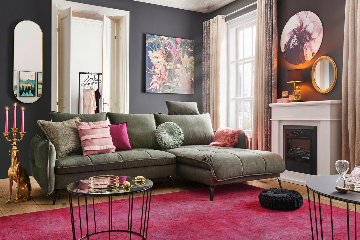 ECKSOFA in Flachgewebe Dunkelbraun  273/180 cm  - Dunkelbraun/Schwarz, LIFESTYLE, Textil/Metall (273/180cm) - Hom`in