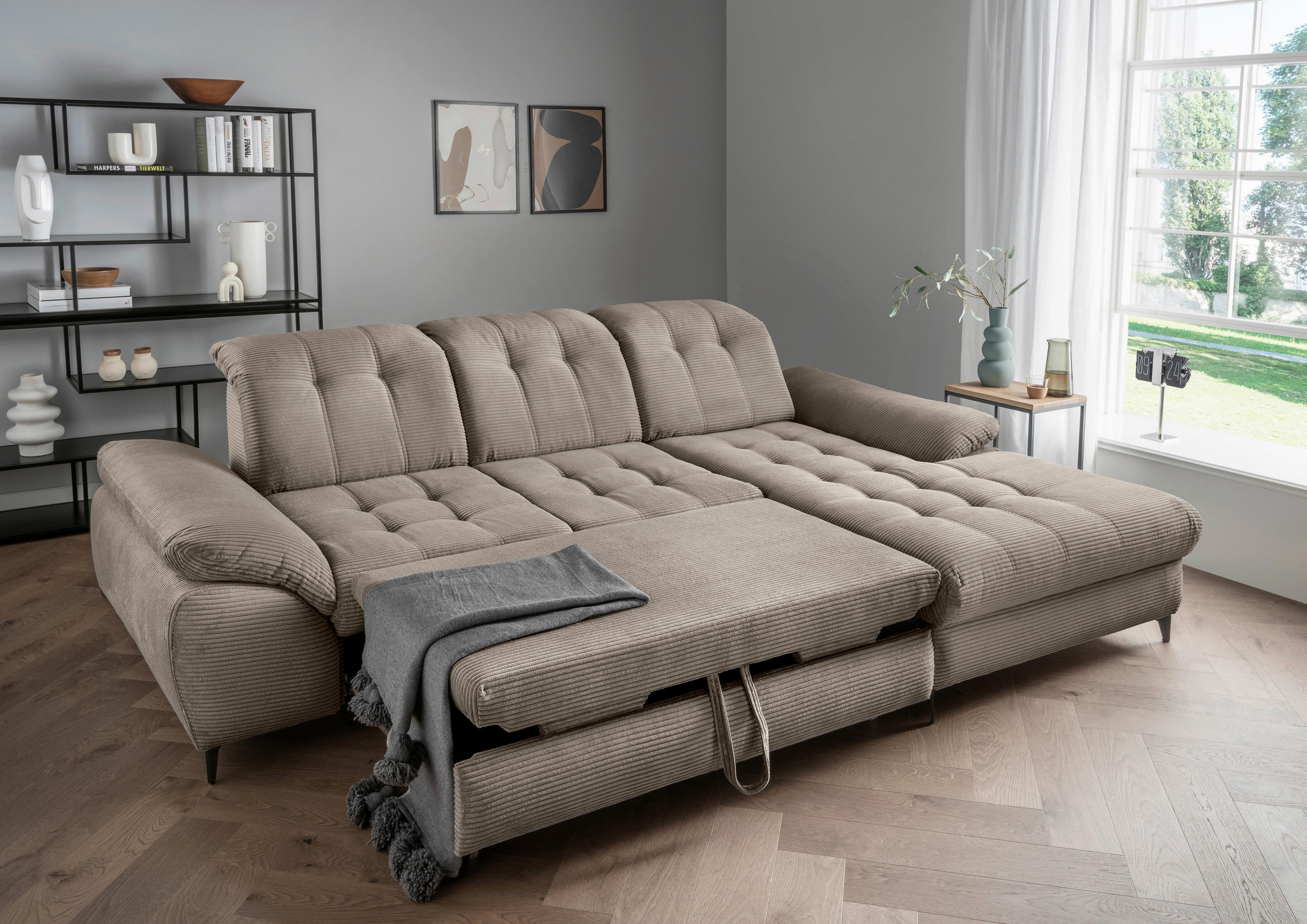 ECKSCHLAFSOFA in Cord Graubraun  - Graubraun/Schwarz, Modern, Textil/Metall (273/189cm) - Livetastic