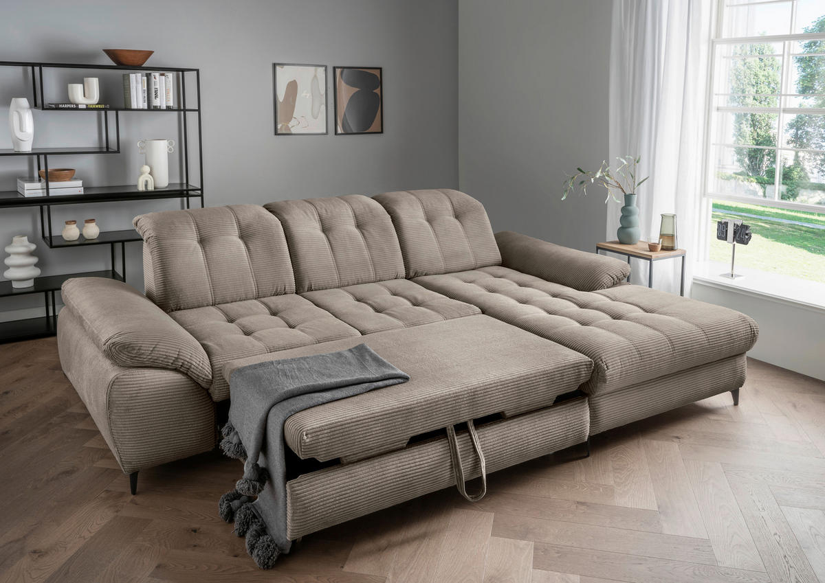 ECKSCHLAFSOFA in Cord Graubraun  - Graubraun/Schwarz, Modern, Textil/Metall (273/189cm) - Livetastic