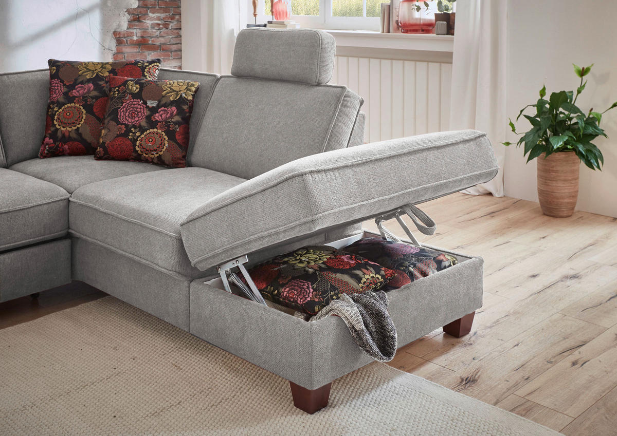 ECKSOFA in Chenille, Flachgewebe Hellgrau  - Nussbaumfarben/Hellgrau, Konventionell, Holz/Textil (236/213cm) - Sit & More