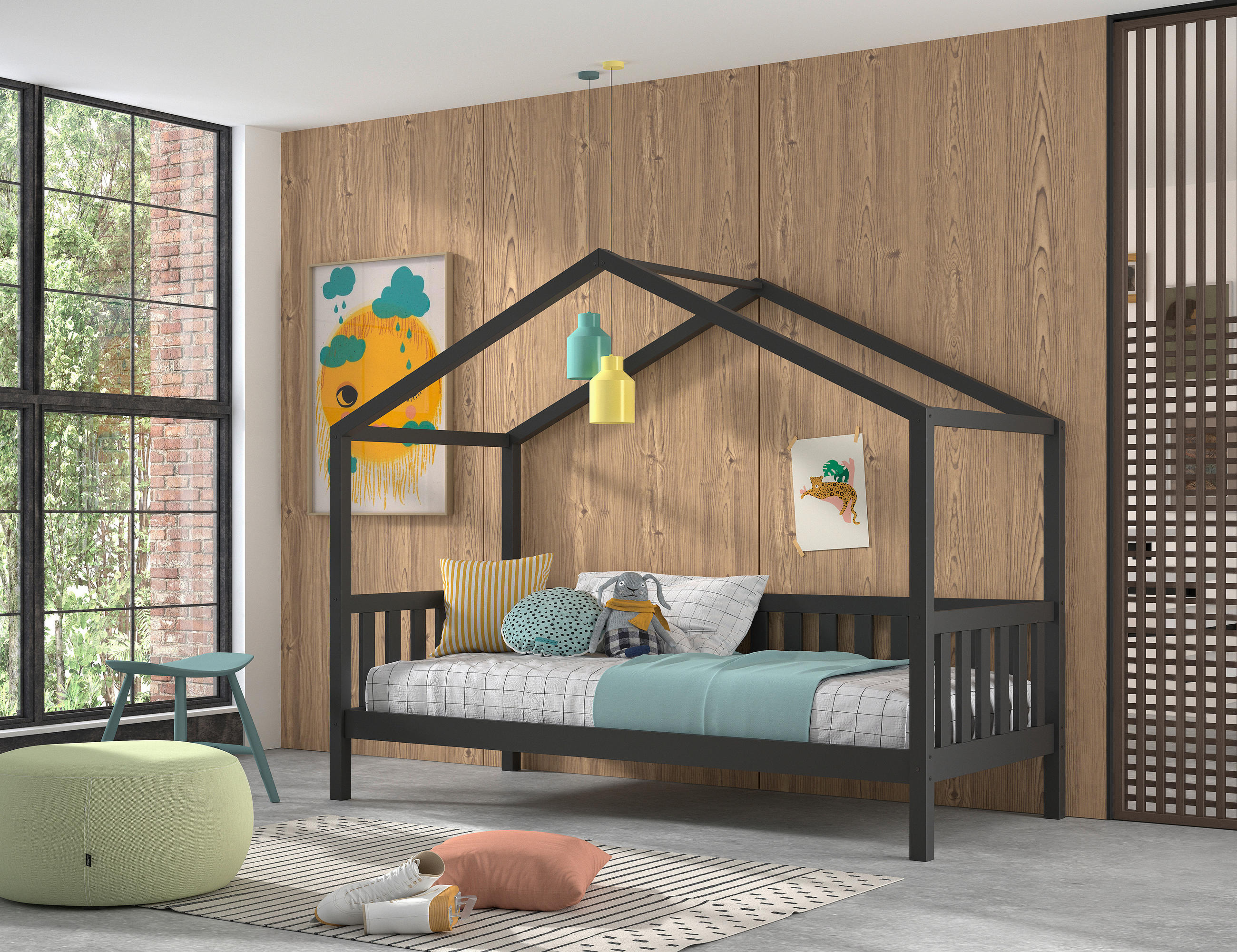 HAUSBETT 90/200 cm,  in Anthrazit, Rollrost  - Anthrazit/Naturfarben, ROMANTIK / LANDHAUS, Holz (90/200cm) - Vipack
