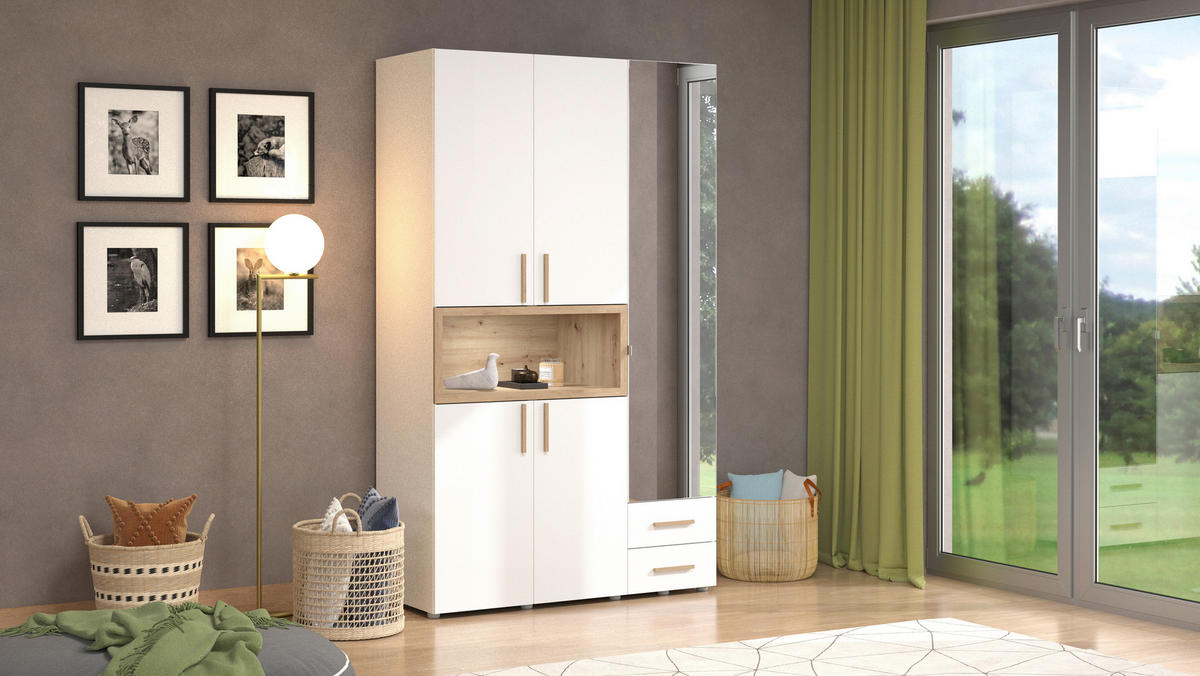 KLEIDERSCHRANK  in Weiß, Eiche Artisan  - Beigebraun/Weiß, MODERN, Glas/Holzwerkstoff (134,5/226,5/56cm) - MID.YOU