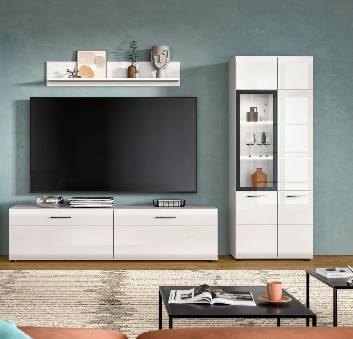 WOHNWAND 3-teilig  in Weiß, Weiß Hochglanz  235/160/41 cm  - Weiß Hochglanz/Silberfarben, Design, Glas/Holzwerkstoff (235/160/41cm) - Livetastic