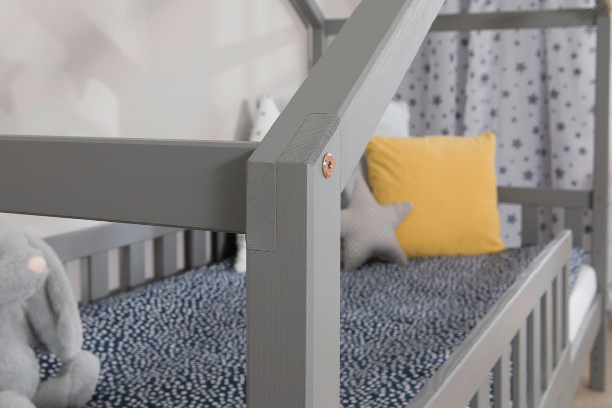 HAUSBETT  in Hellgrau, Absturzsicherung, Matratze, Rollrost, Bettkasten  - Hellgrau/Weiß, MODERN, Holz/Textil (90/200cm) - MID.YOU