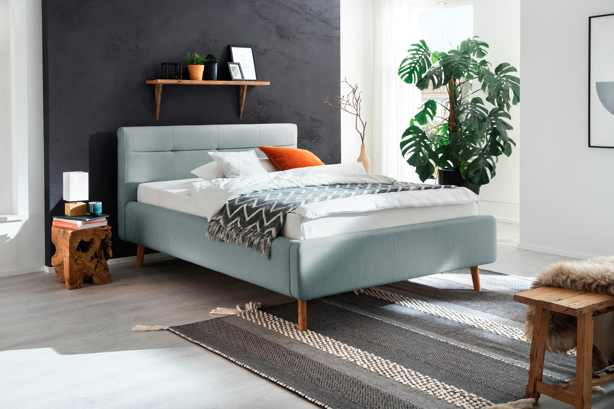 POLSTERBETT Lotte Lattenrost, Bettkasten 140/200 cm  in Blau  - Blau/Eichefarben, KONVENTIONELL, Holz/Textil (140/200cm) - Boxxx