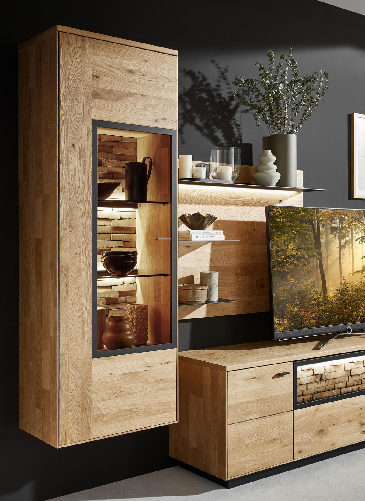 WOHNWAND  in Wildeiche  293,8/207,1/37,1 cm  - Wildeiche/Graphitfarben, Natur, Glas/Holz (293,8/207,1/37,1cm) - Valnatura