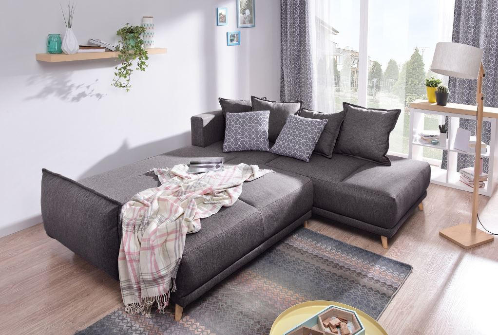 ECKSCHLAFSOFA Dunkelgrau Webstoff - Dunkelgrau/Hellgrau, Basics, Holz/Textil (235/190cm) - MID.YOU