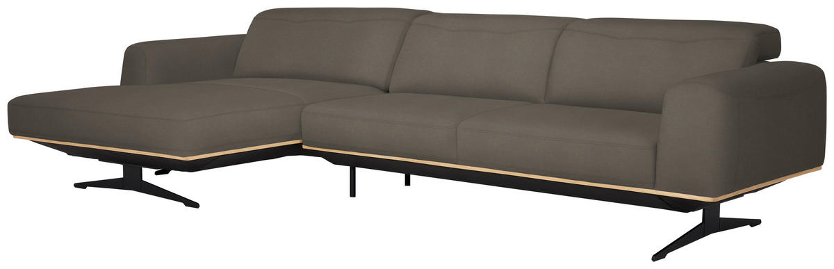 ECKSOFA in Echtleder Graubraun  - Eichefarben/Graubraun, Design, Leder/Holz (163/305cm) - Novel